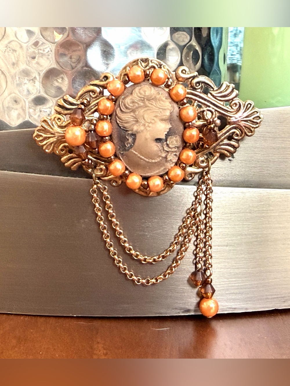 Vintage Cameo Filigree Brooch with Pearl Beads & Draped Chains